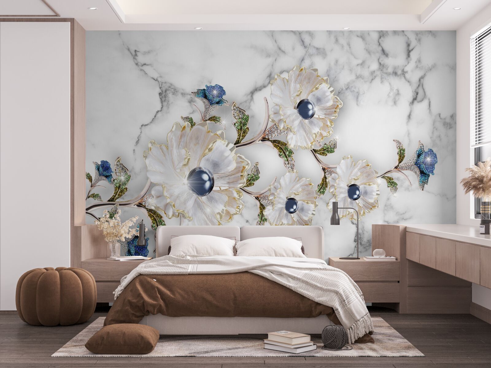 Fotobehang het marmer is versierd met witte bloemen met parels