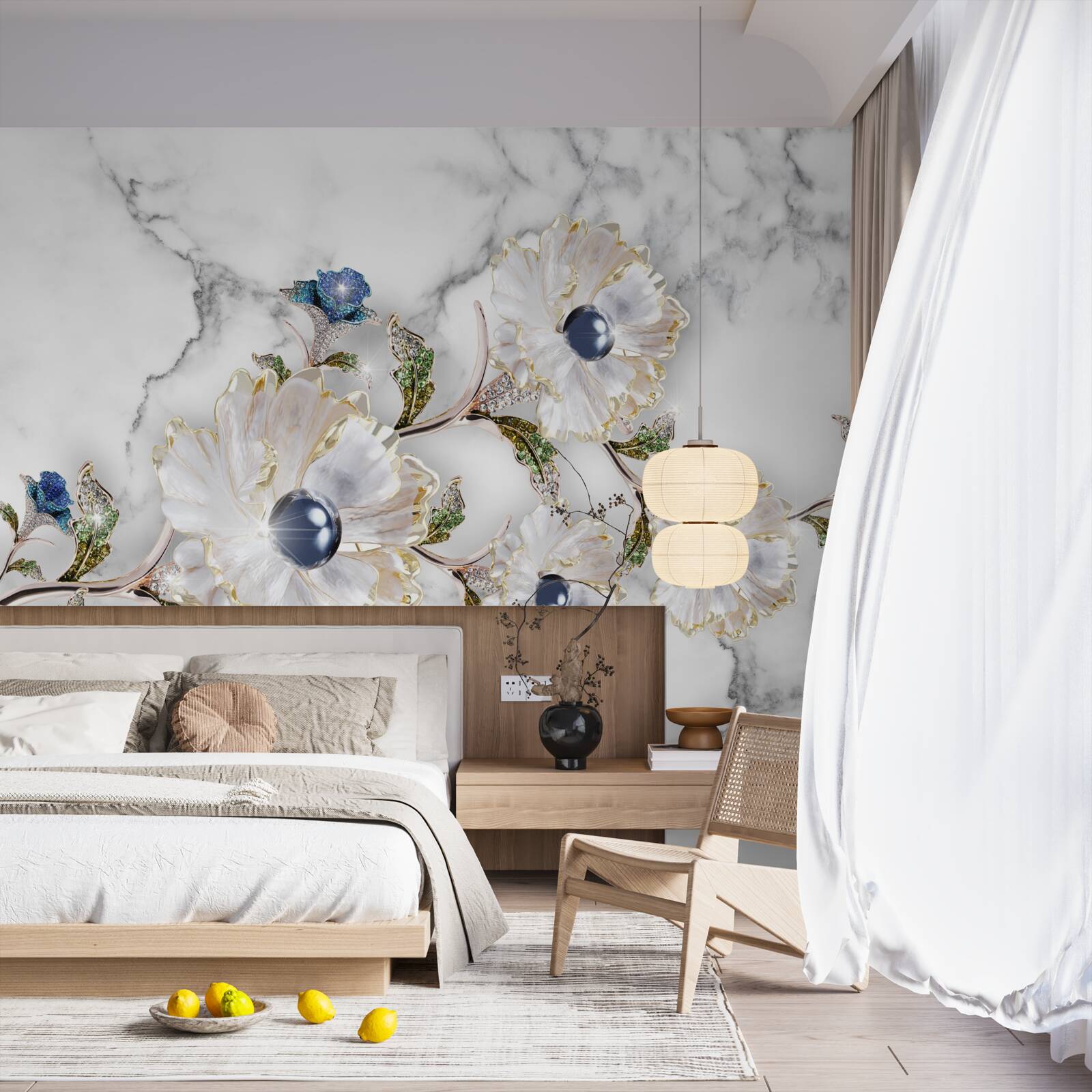 Fotobehang het marmer is versierd met witte bloemen met parels