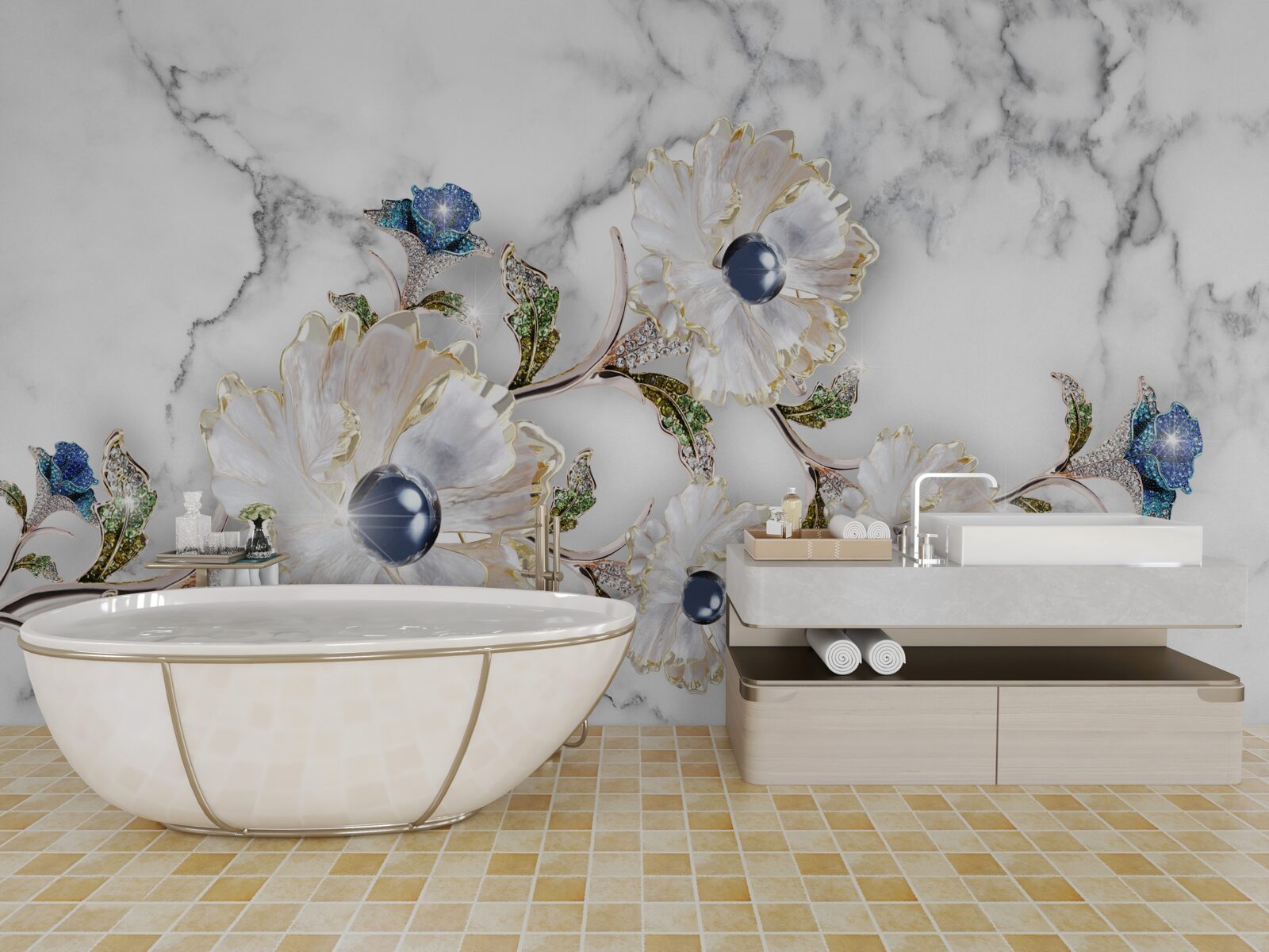 Fotobehang het marmer is versierd met witte bloemen met parels