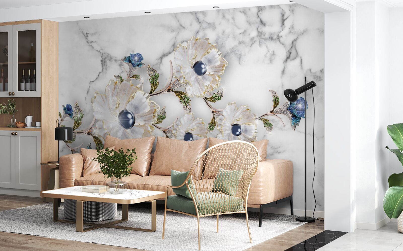 Fotobehang het marmer is versierd met witte bloemen met parels