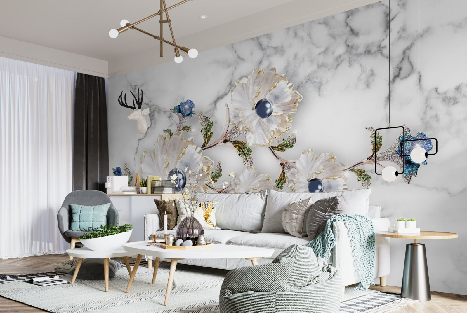 Fotobehang het marmer is versierd met witte bloemen met parels