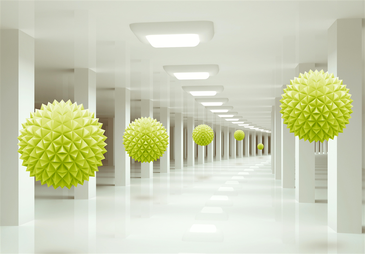 Fotobehang tunnel in perspectief omringd door gele ballen