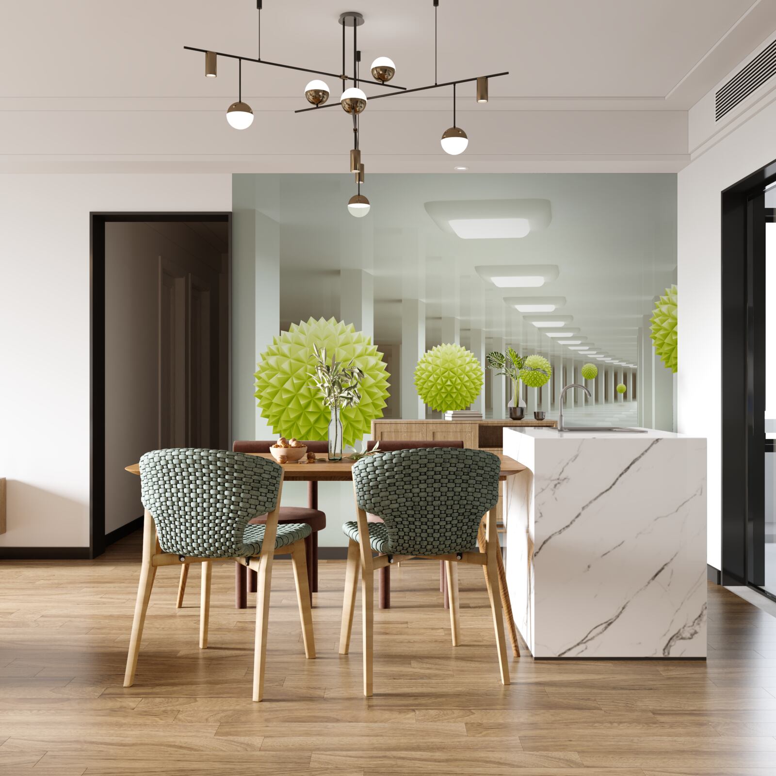 Fotobehang tunnel in perspectief omringd door gele ballen