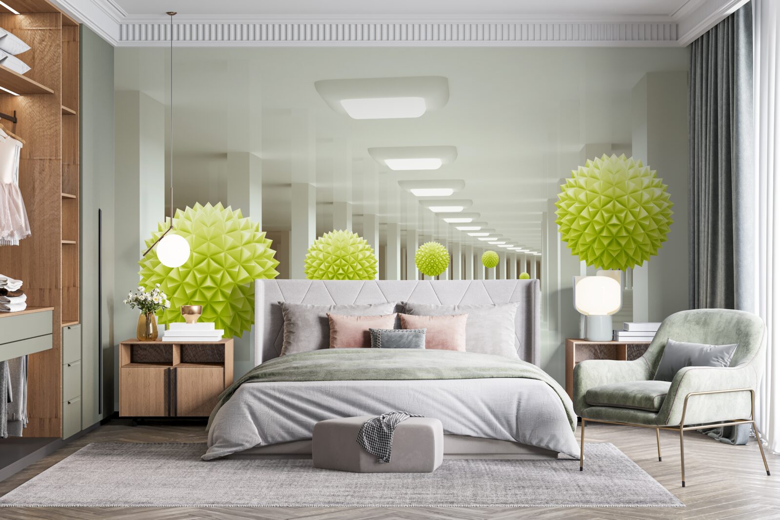 Fotobehang tunnel in perspectief omringd door gele ballen