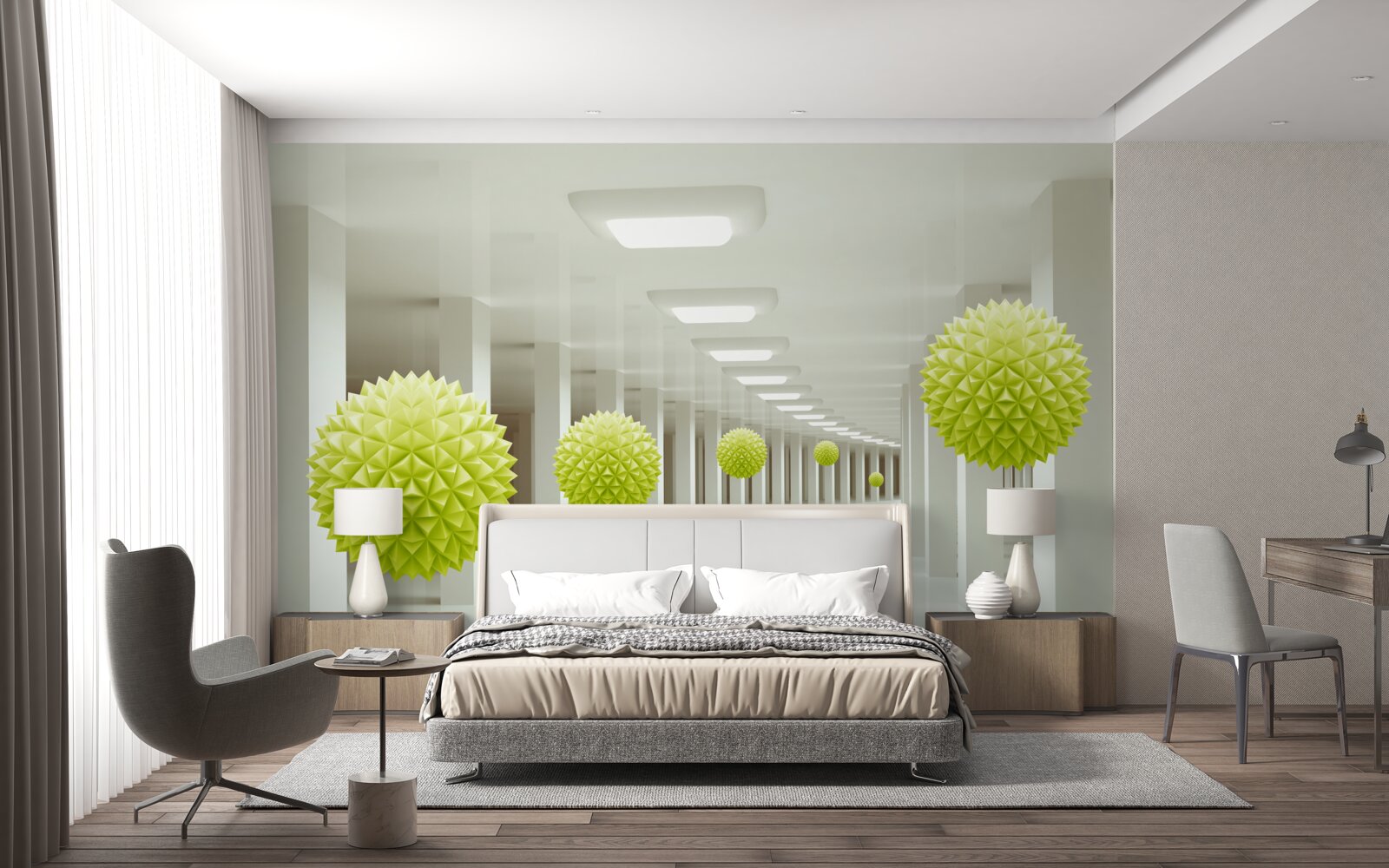 Fotobehang tunnel in perspectief omringd door gele ballen