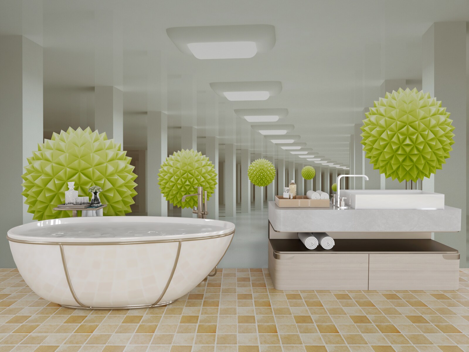 Fotobehang tunnel in perspectief omringd door gele ballen