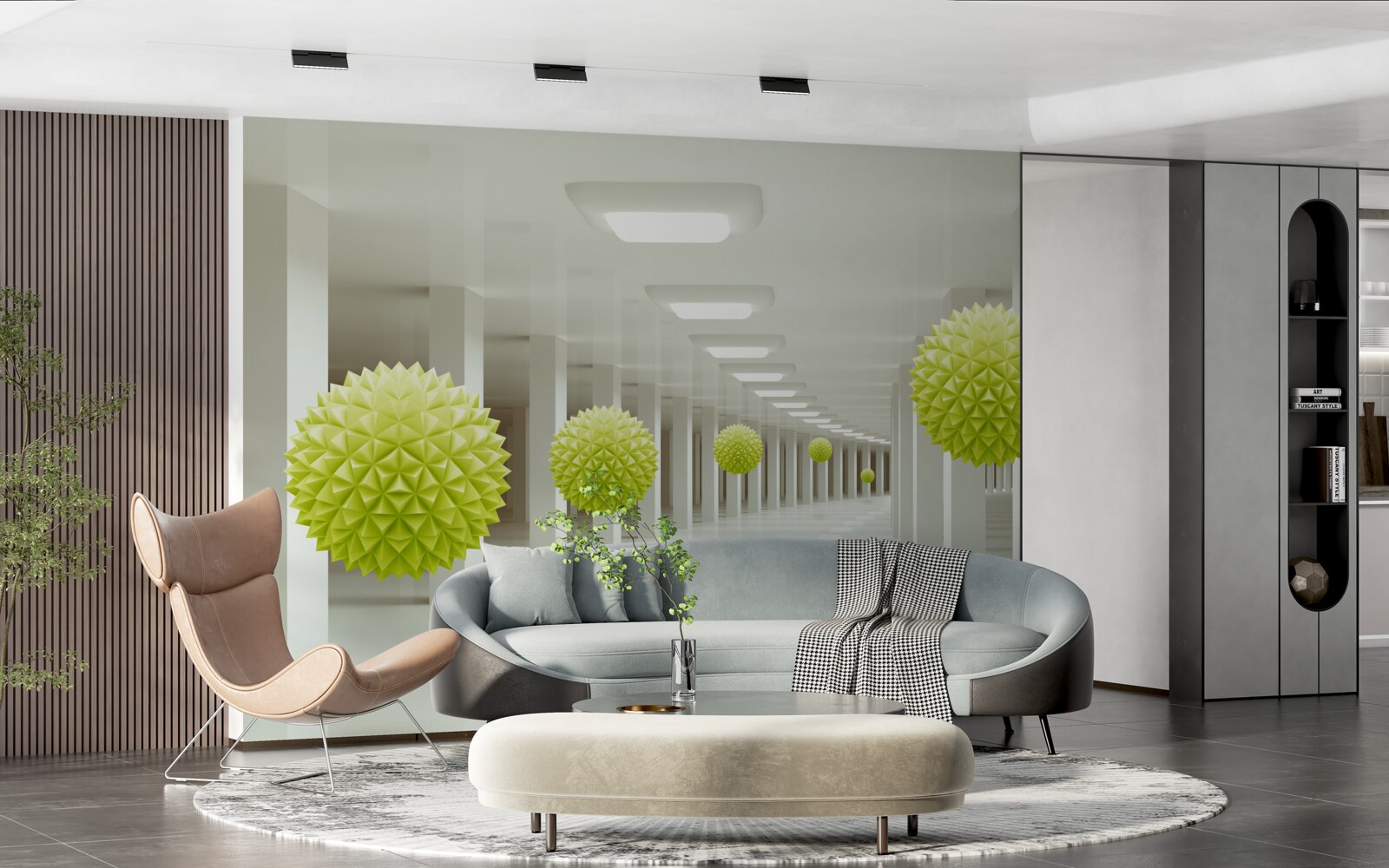 Fotobehang tunnel in perspectief omringd door gele ballen