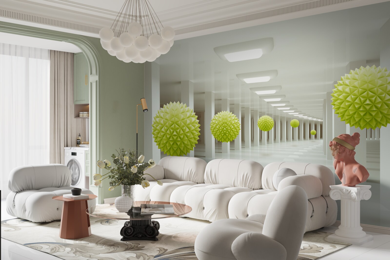 Fotobehang tunnel in perspectief omringd door gele ballen