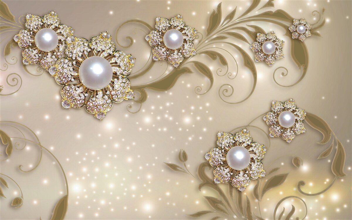 Fotobehang Bloemen- en pareljuwelen in goudkleurige tinten