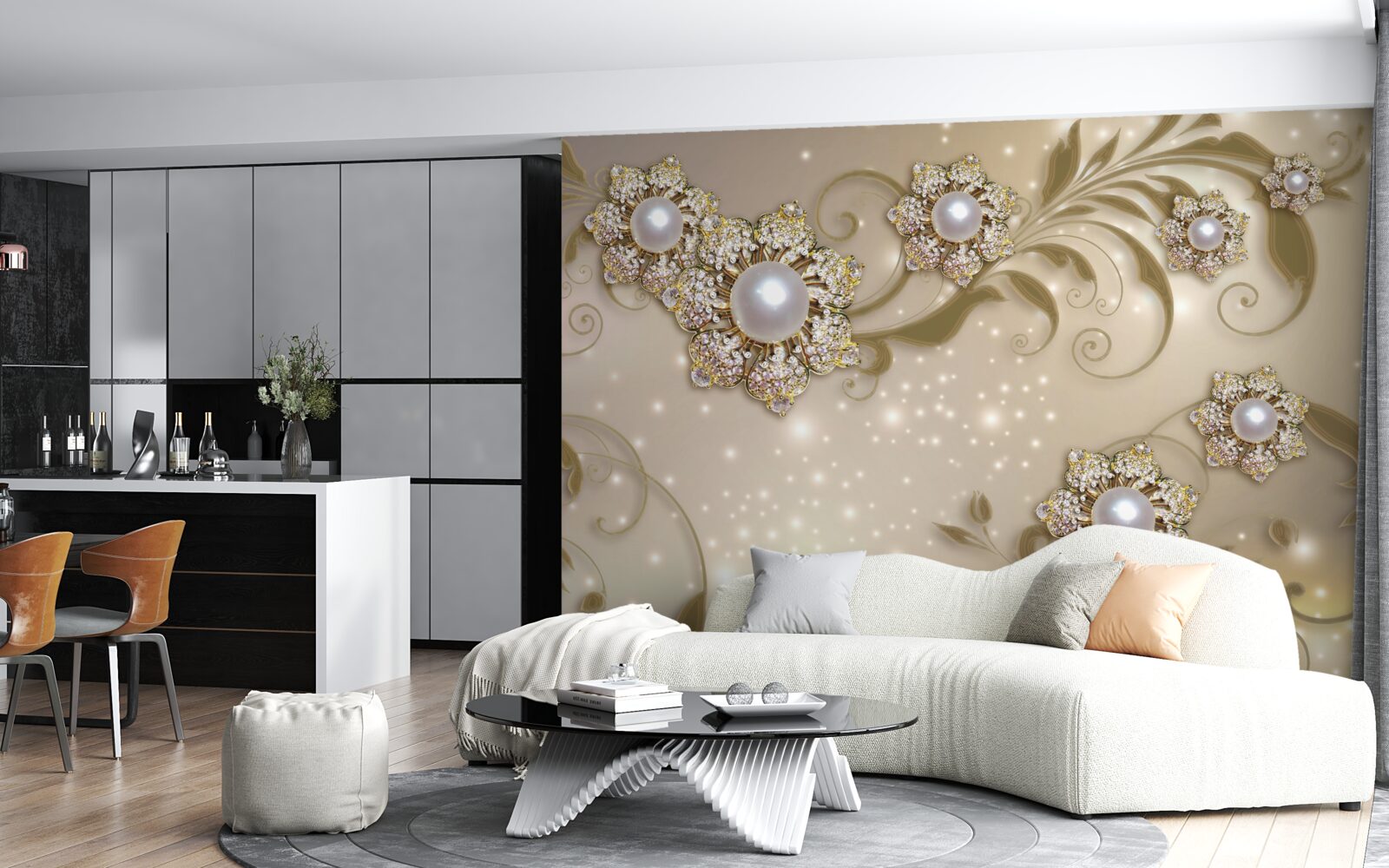 Fotobehang Bloemen- en pareljuwelen in goudkleurige tinten