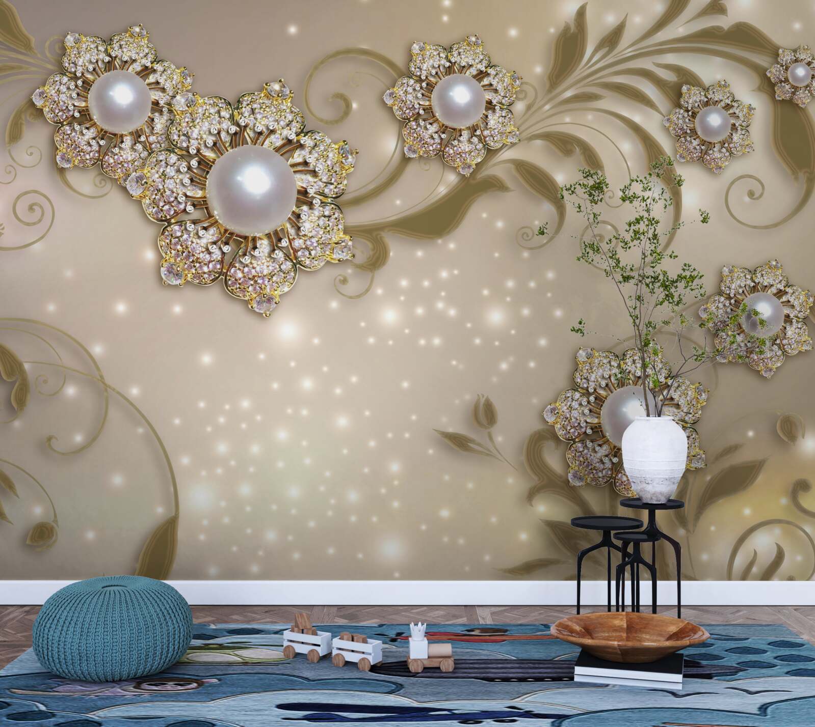 Fotobehang Bloemen- en pareljuwelen in goudkleurige tinten