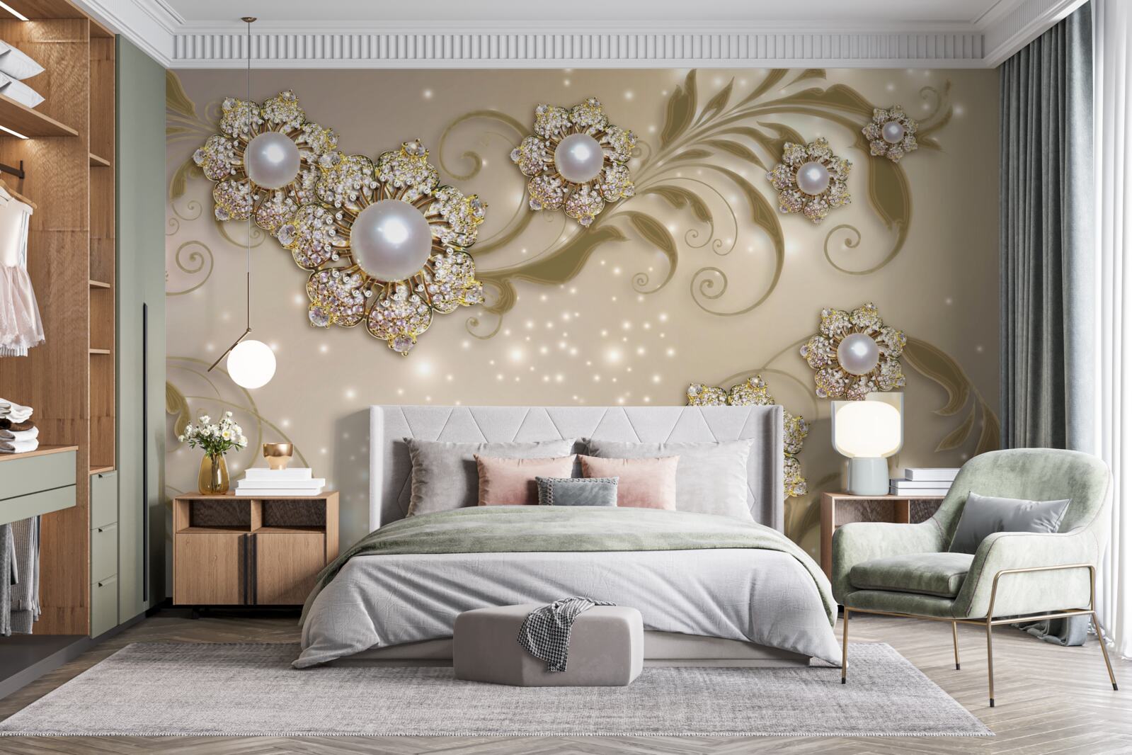 Fotobehang Bloemen- en pareljuwelen in goudkleurige tinten