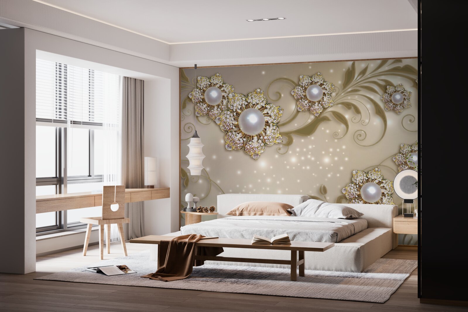 Fotobehang Bloemen- en pareljuwelen in goudkleurige tinten