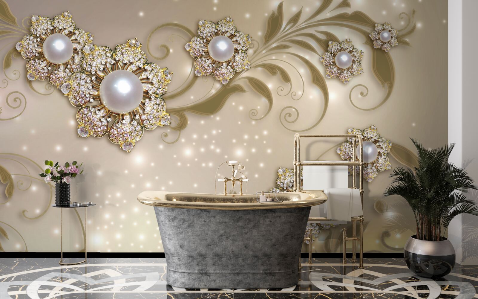 Fotobehang Bloemen- en pareljuwelen in goudkleurige tinten