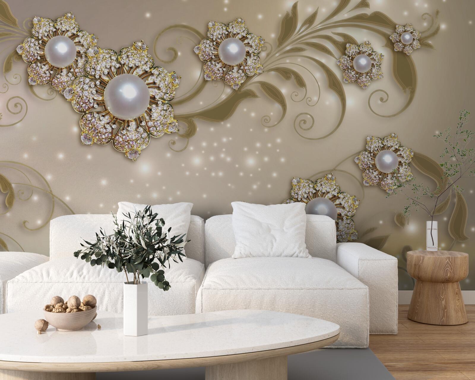 Fotobehang Bloemen- en pareljuwelen in goudkleurige tinten