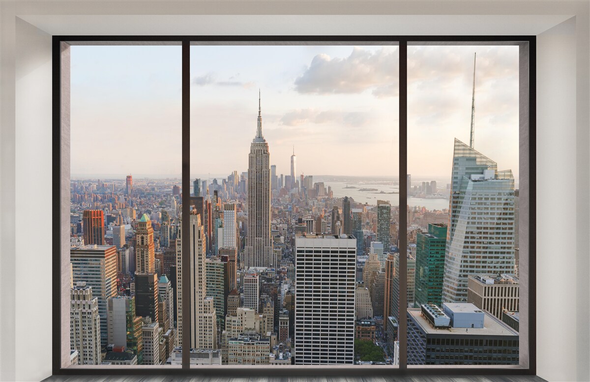 Fotobehang panorama van downtown new york vanuit het raam