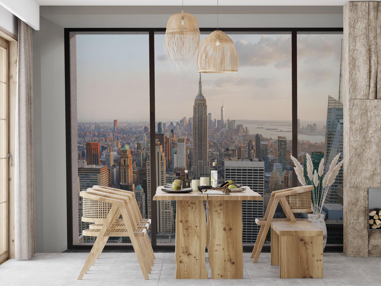 Fotobehang panorama van downtown new york vanuit het raam