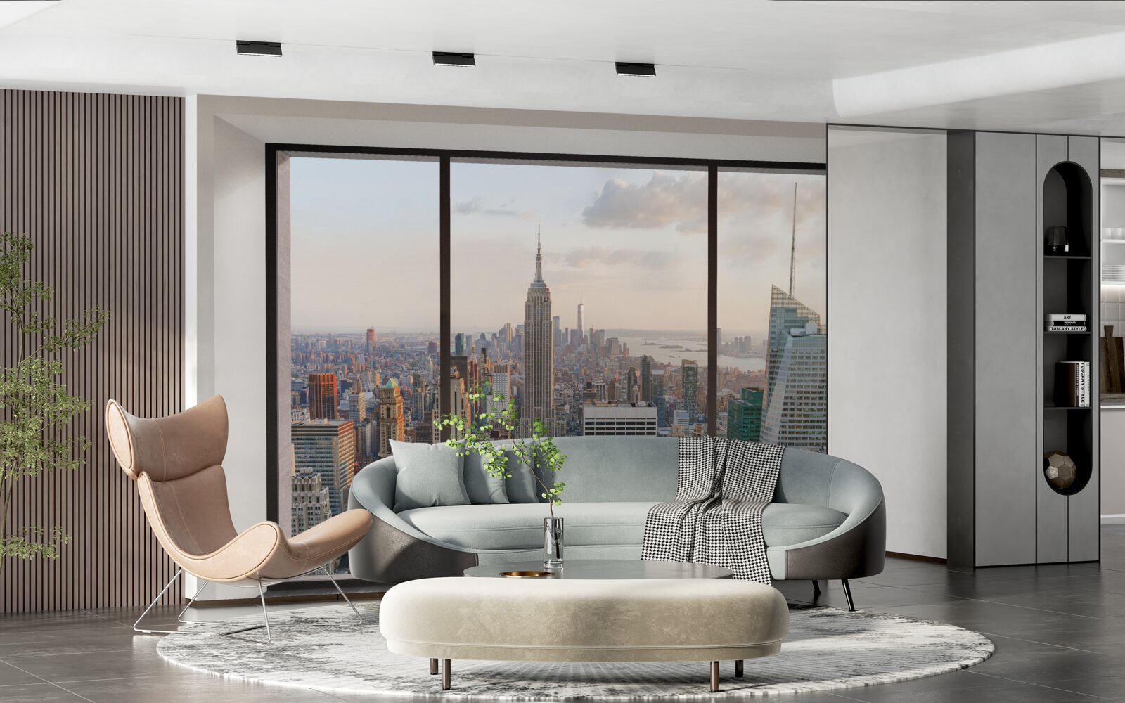 Fotobehang panorama van downtown new york vanuit het raam