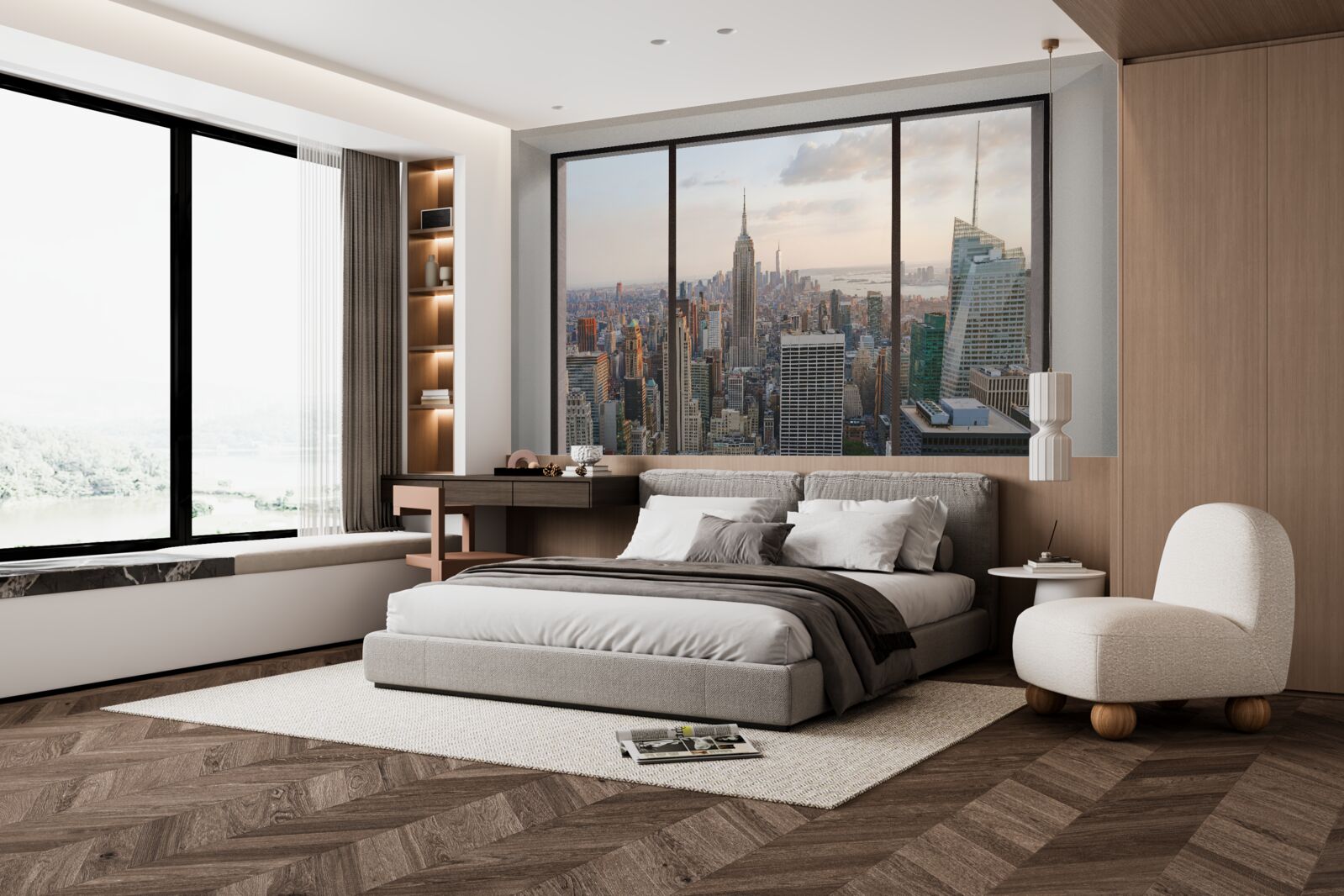 Fotobehang panorama van downtown new york vanuit het raam