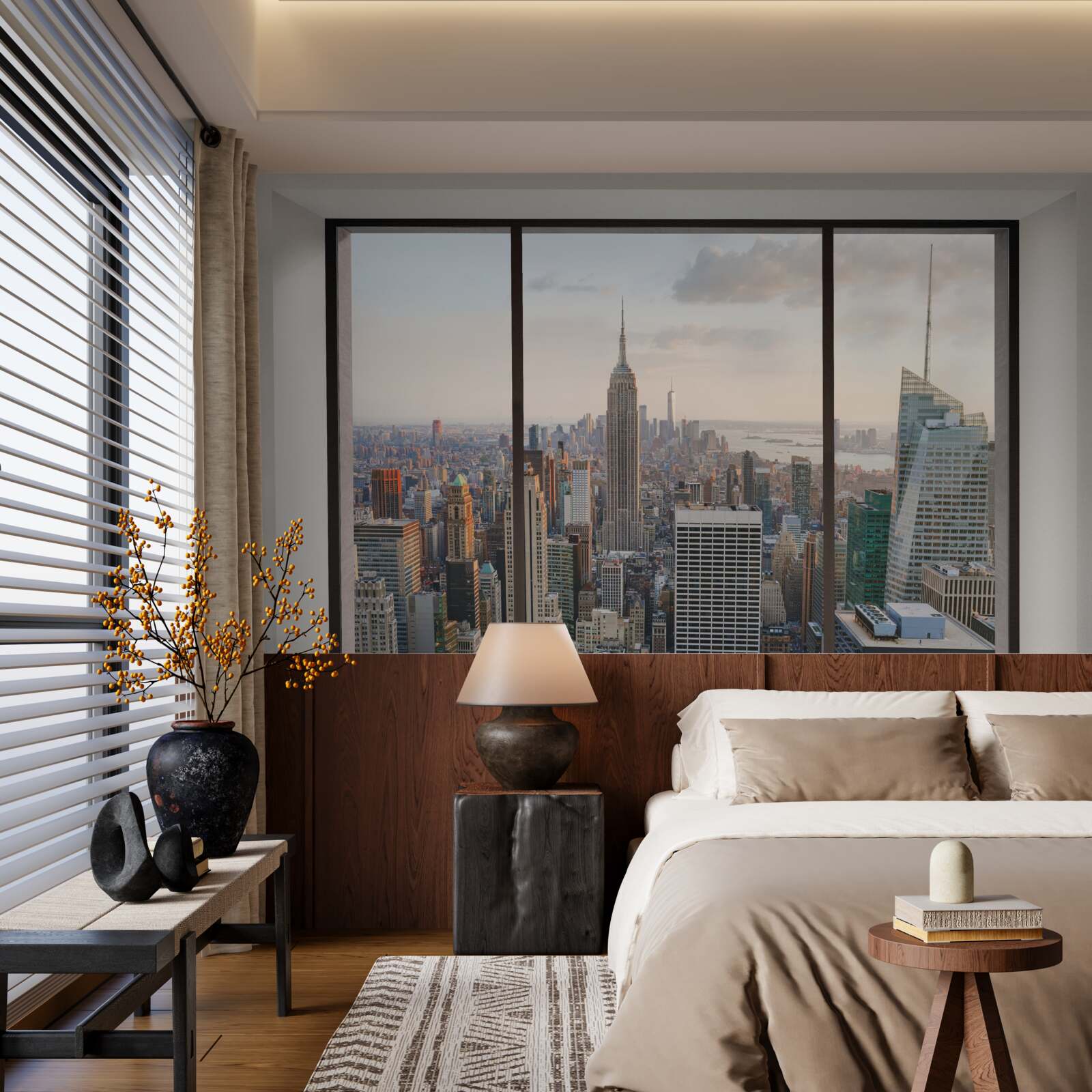 Fotobehang panorama van downtown new york vanuit het raam