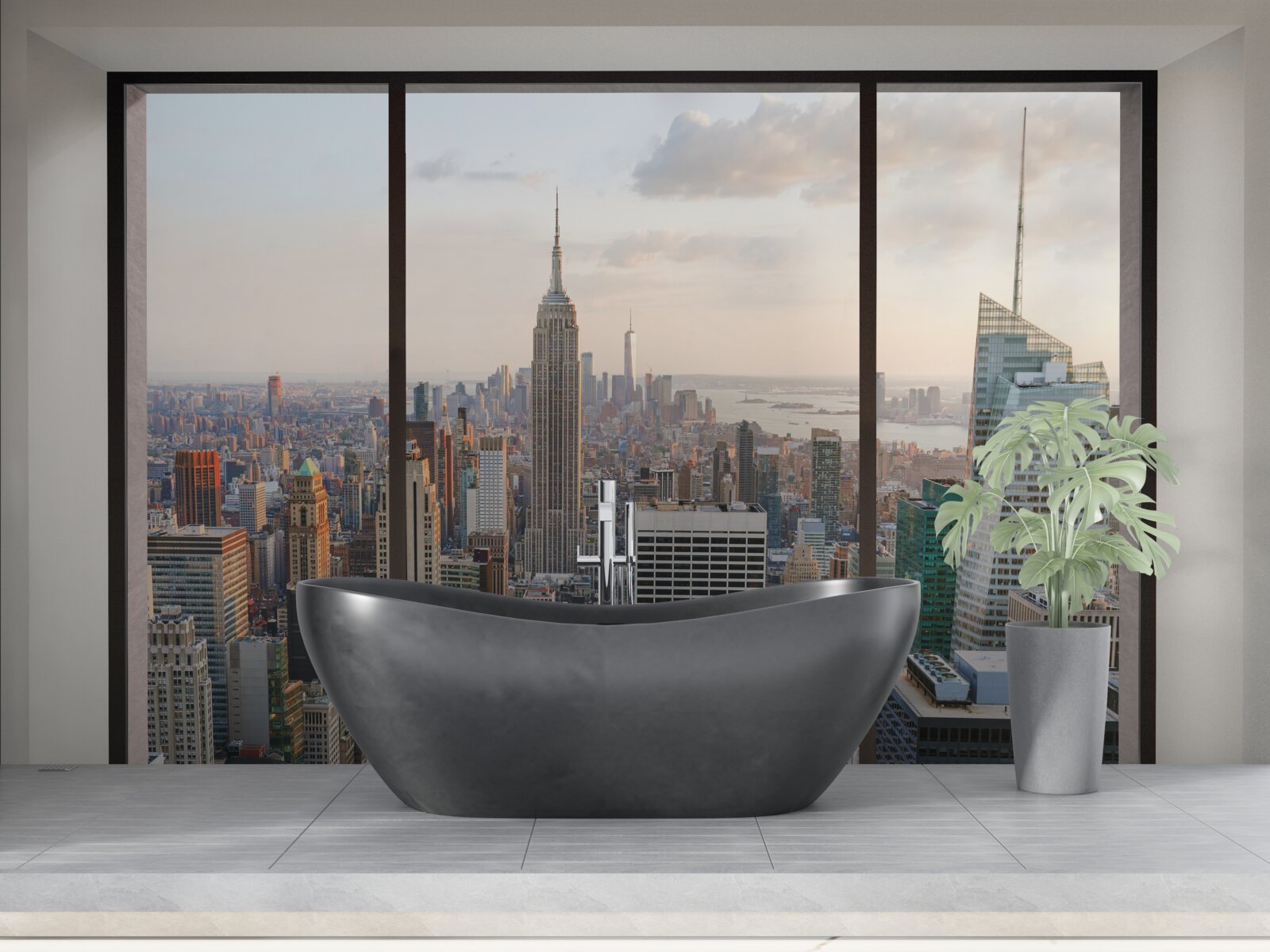 Fotobehang panorama van downtown new york vanuit het raam