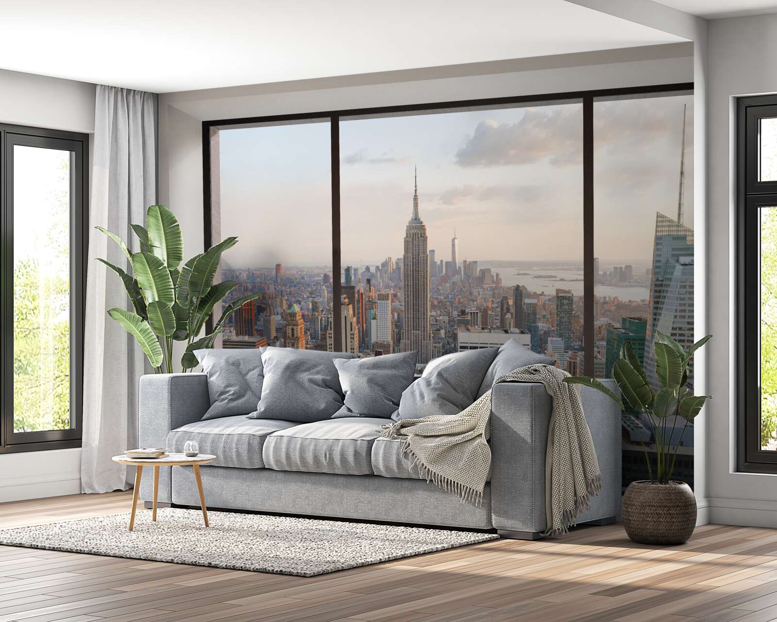 Fotobehang panorama van downtown new york vanuit het raam