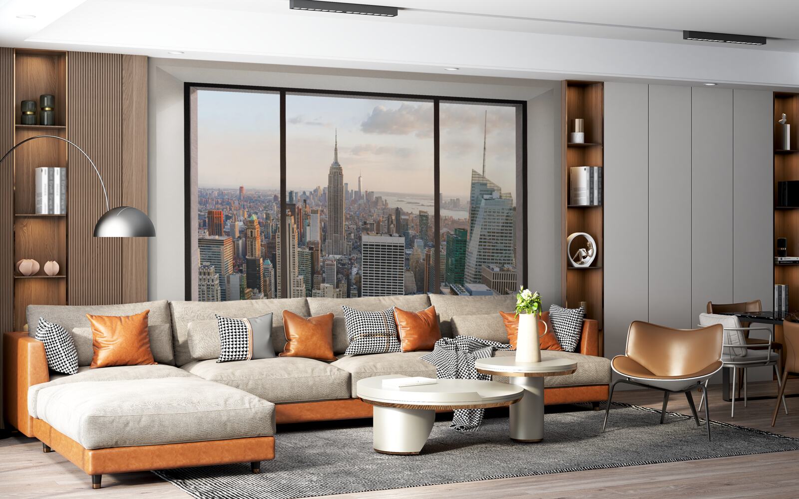 Fotobehang panorama van downtown new york vanuit het raam