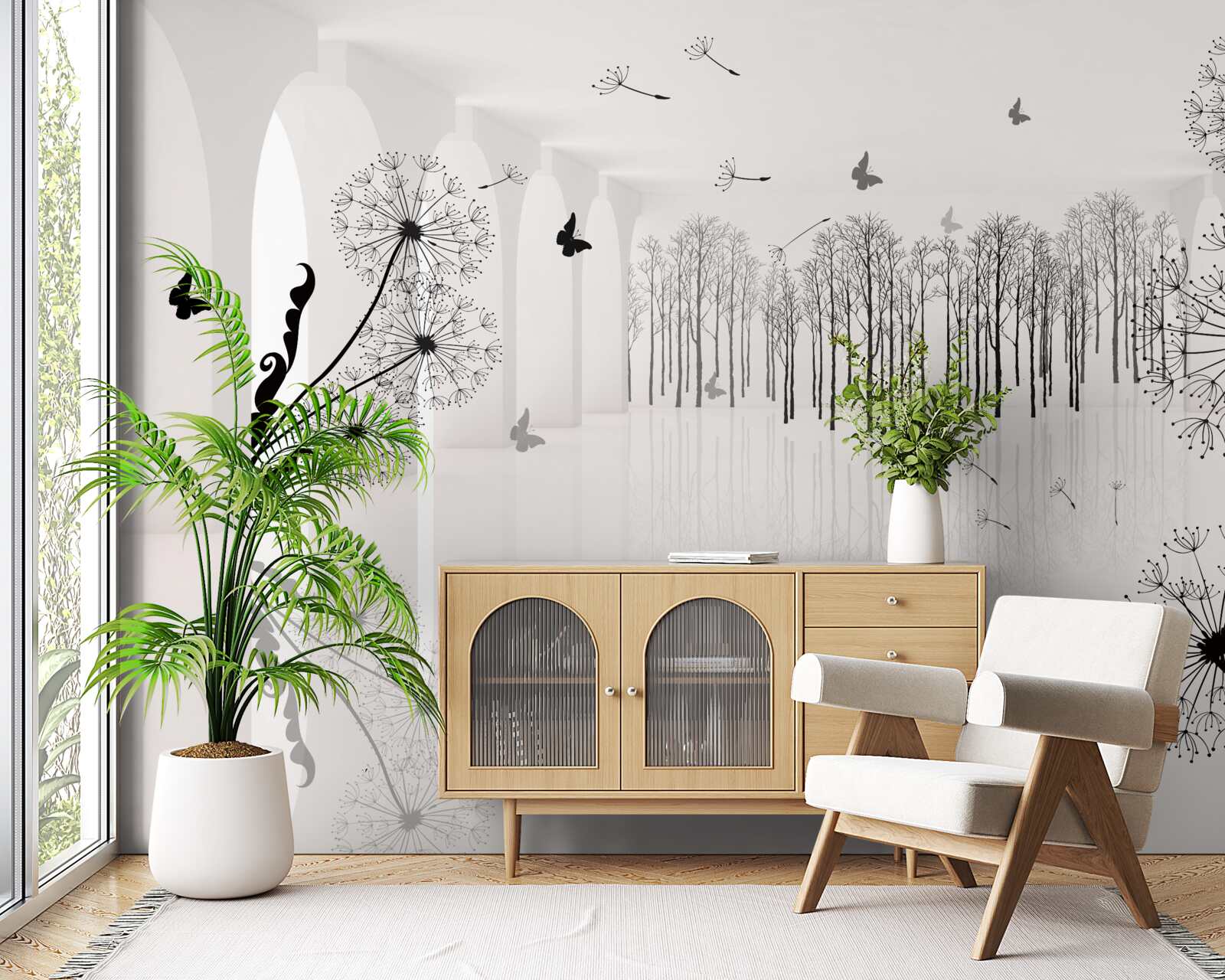 Fotobehang het vooruitzicht van paardenbloemen in de tunnel