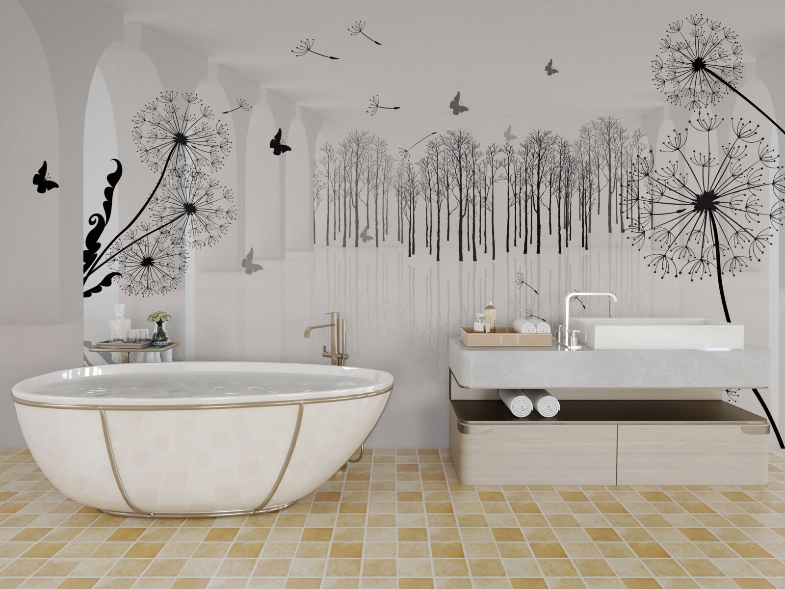 Fotobehang het vooruitzicht van paardenbloemen in de tunnel