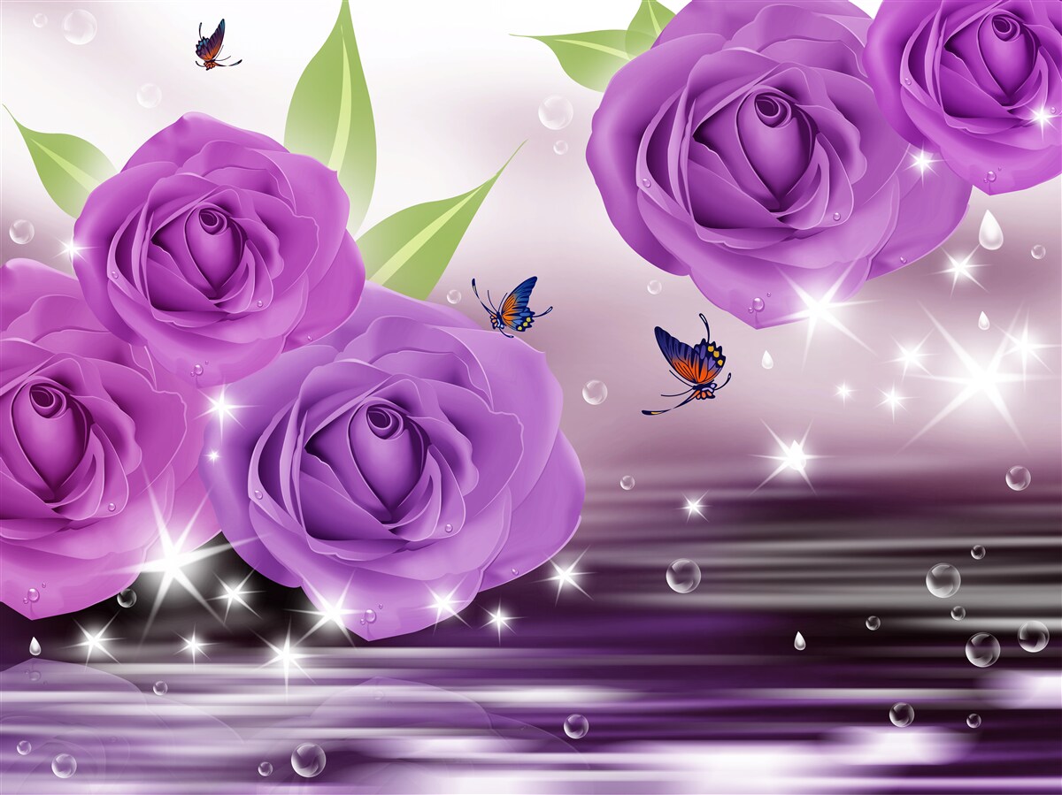 Fotobehang vlinders en rozen hebben de kleur van donkerpaarse seringen