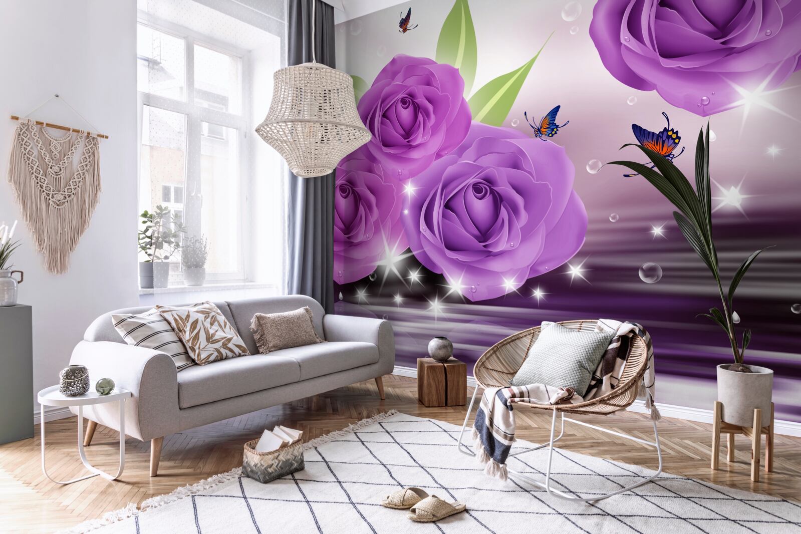 Fotobehang vlinders en rozen hebben de kleur van donkerpaarse seringen