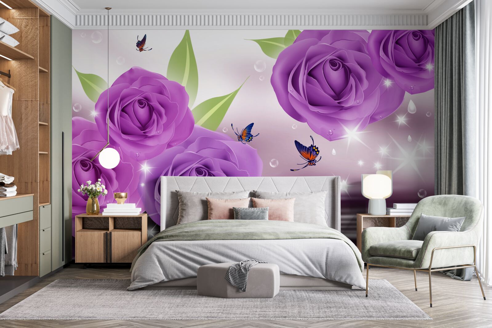 Fotobehang vlinders en rozen hebben de kleur van donkerpaarse seringen