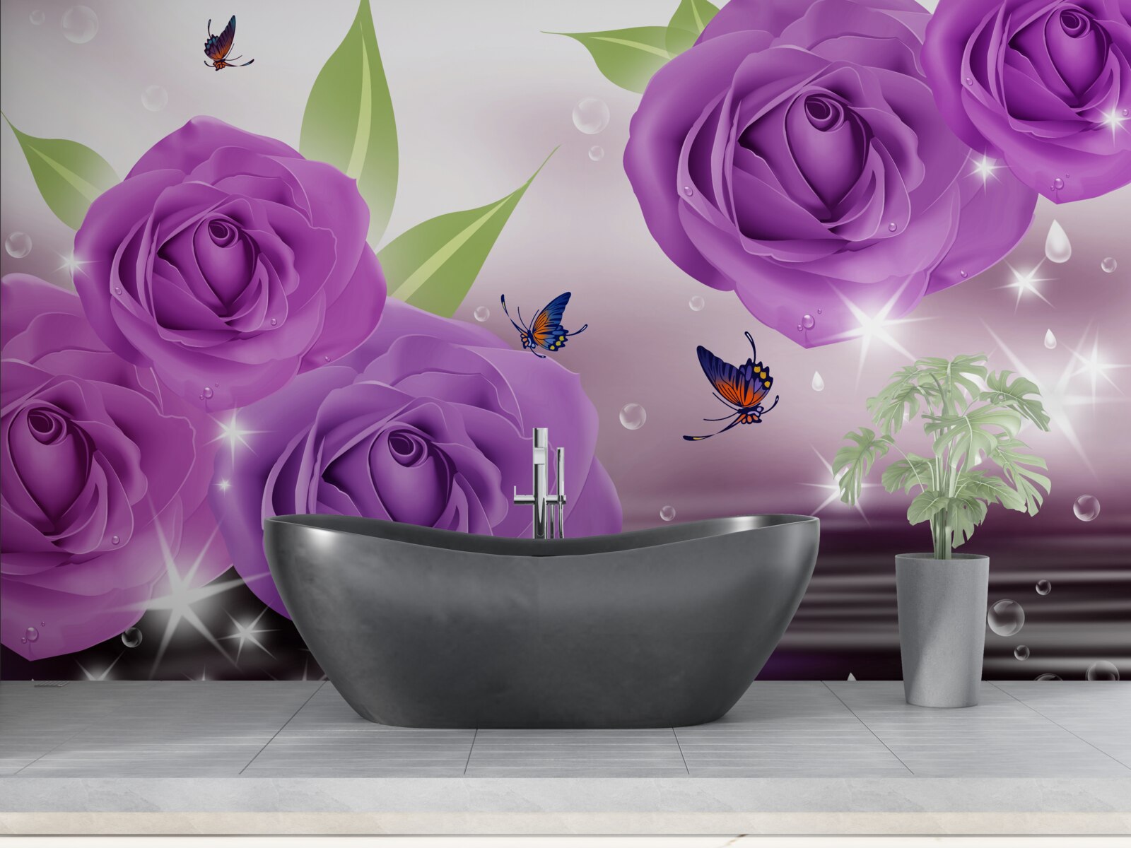 Fotobehang vlinders en rozen hebben de kleur van donkerpaarse seringen