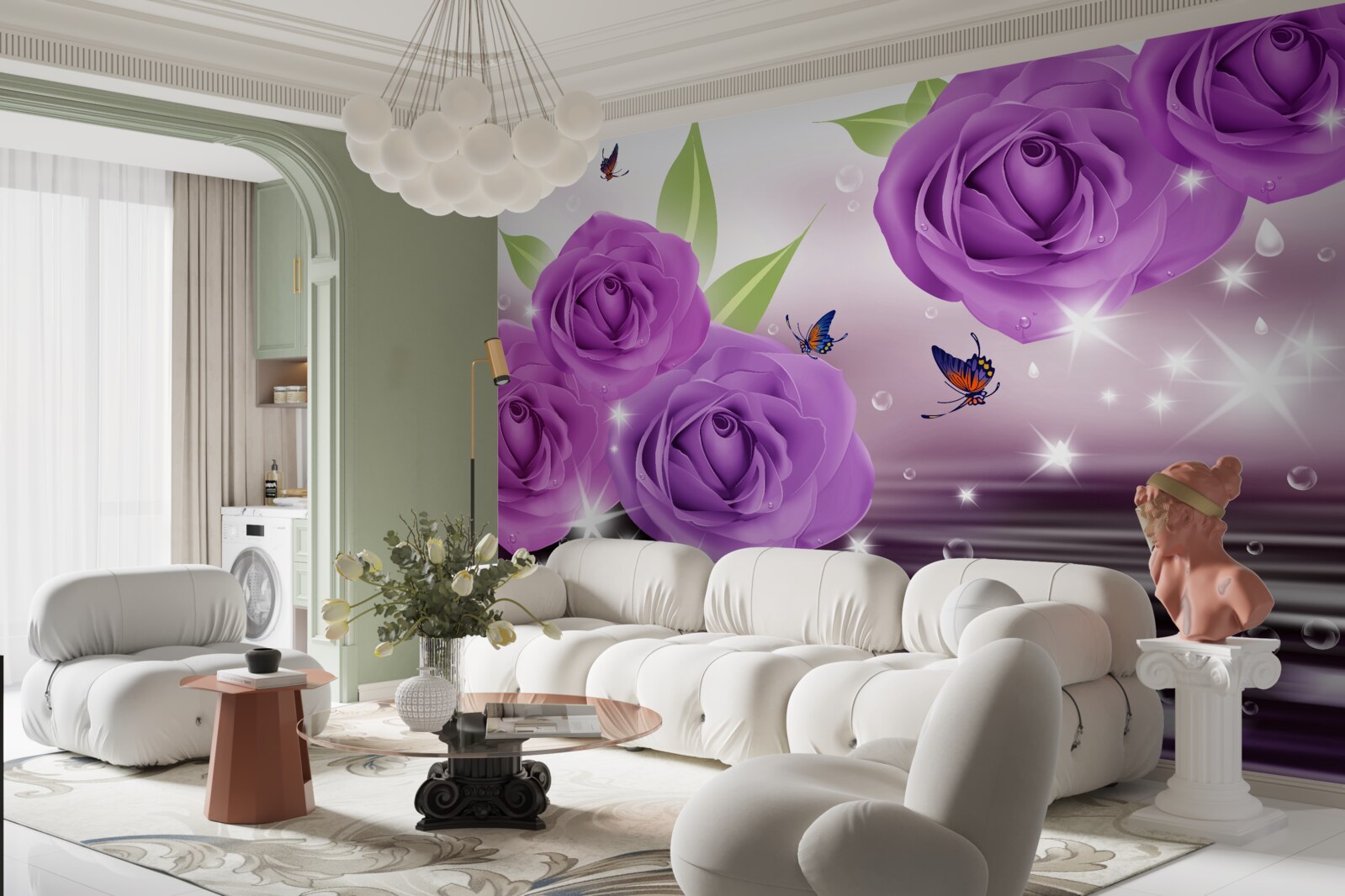 Fotobehang vlinders en rozen hebben de kleur van donkerpaarse seringen