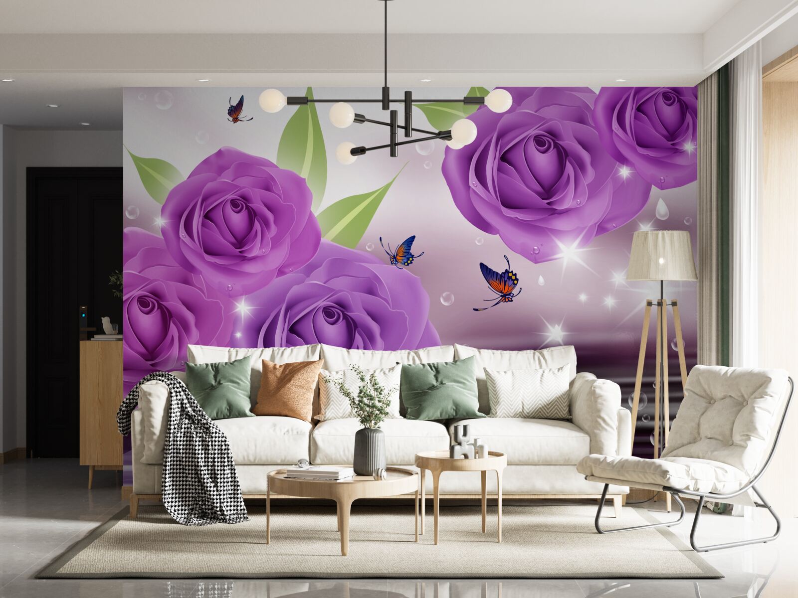 Fotobehang vlinders en rozen hebben de kleur van donkerpaarse seringen