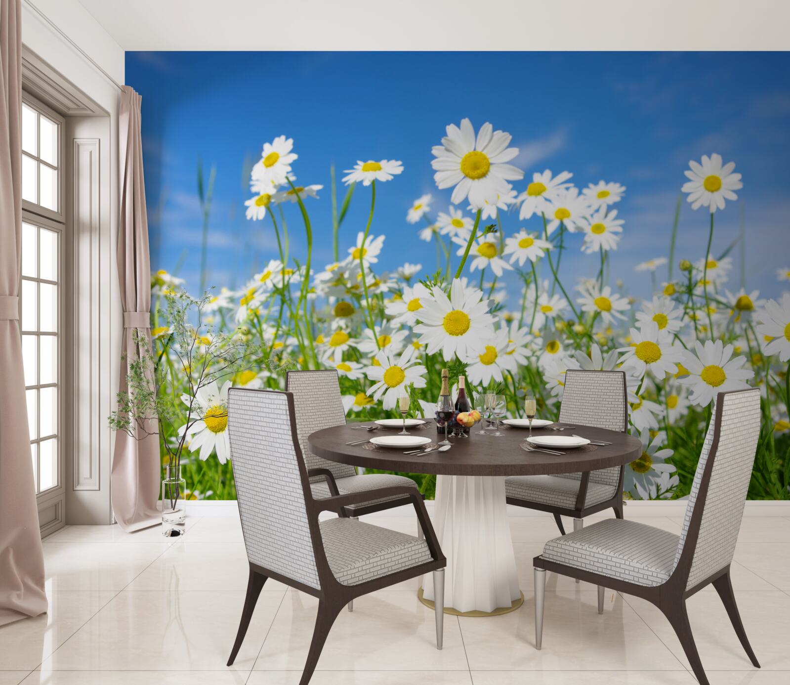 Fotobehang kamille in een weide op een zomerse dag