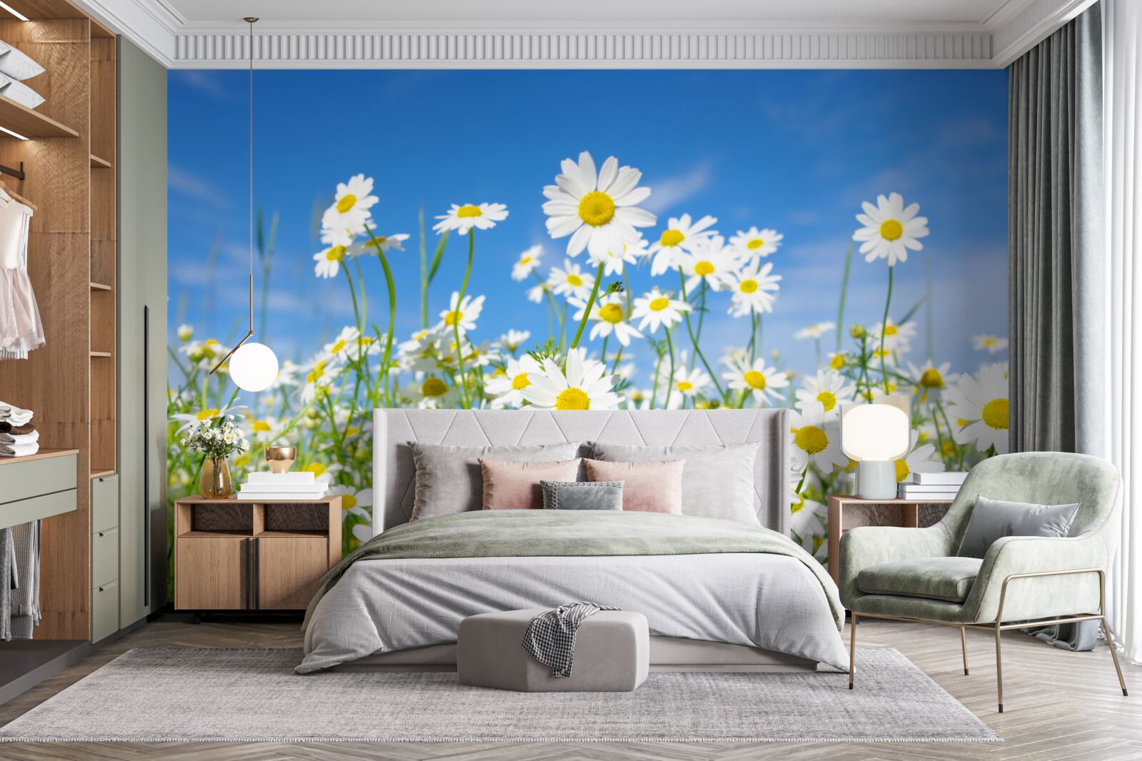 Fotobehang kamille in een weide op een zomerse dag