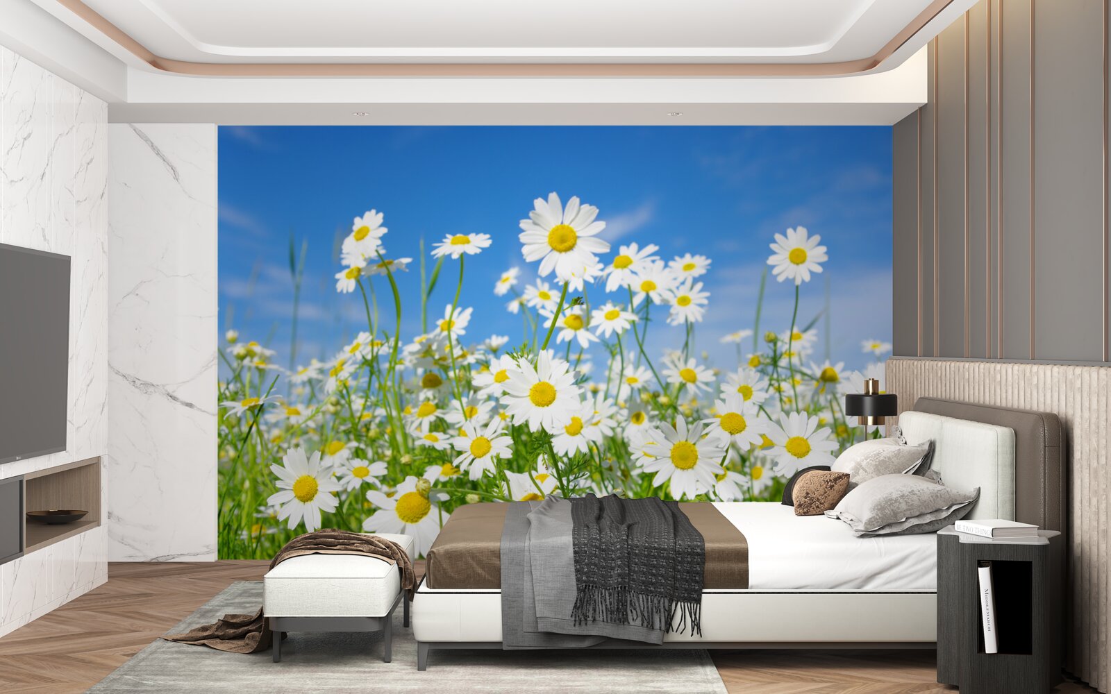 Fotobehang kamille in een weide op een zomerse dag