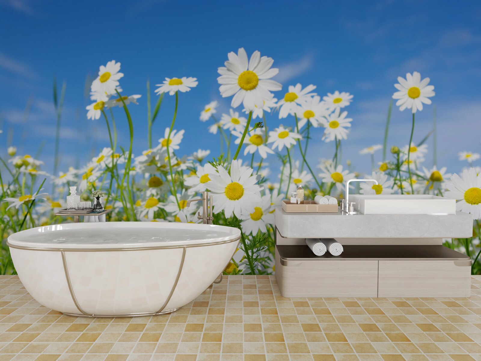 Fotobehang kamille in een weide op een zomerse dag
