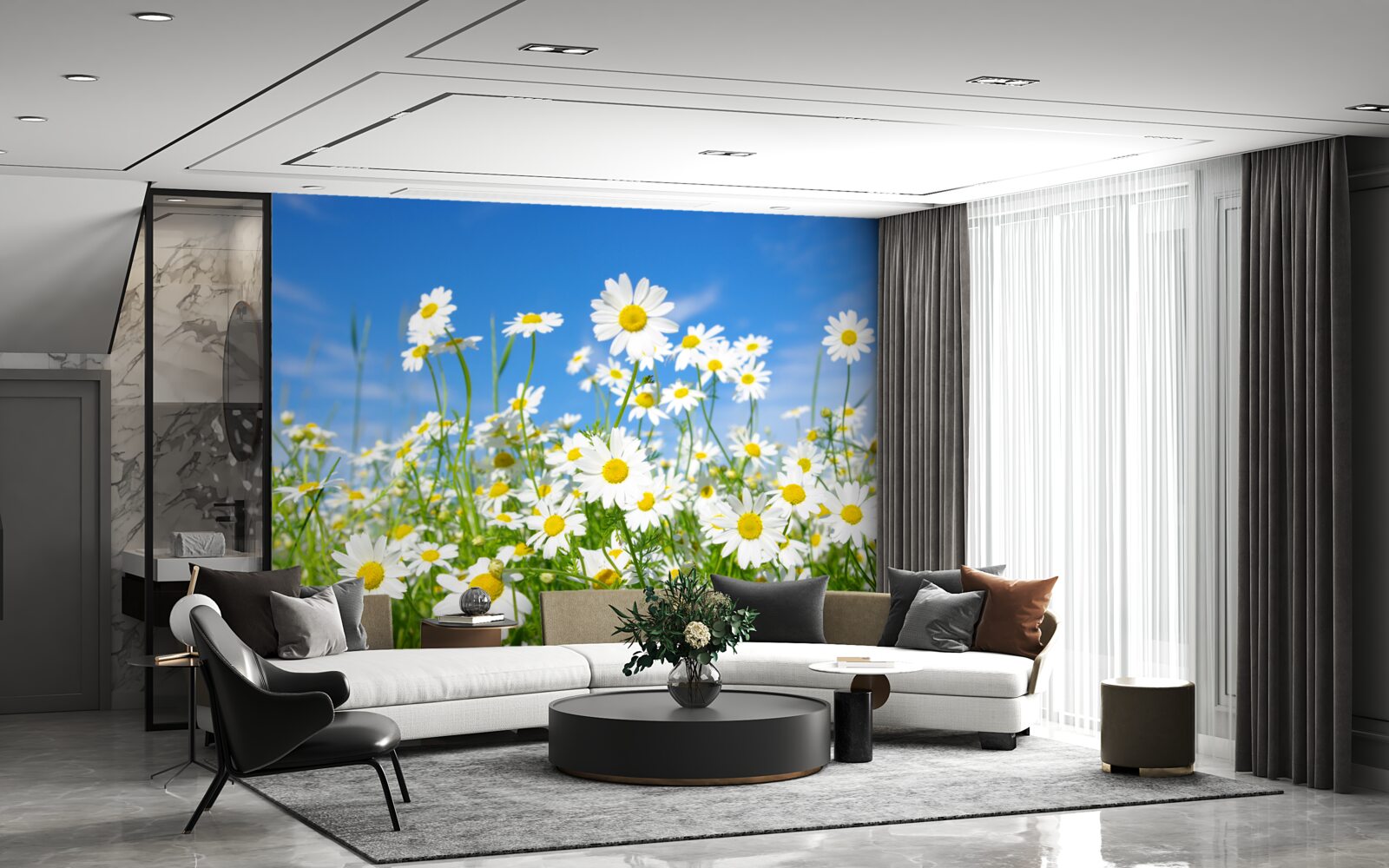 Fotobehang kamille in een weide op een zomerse dag