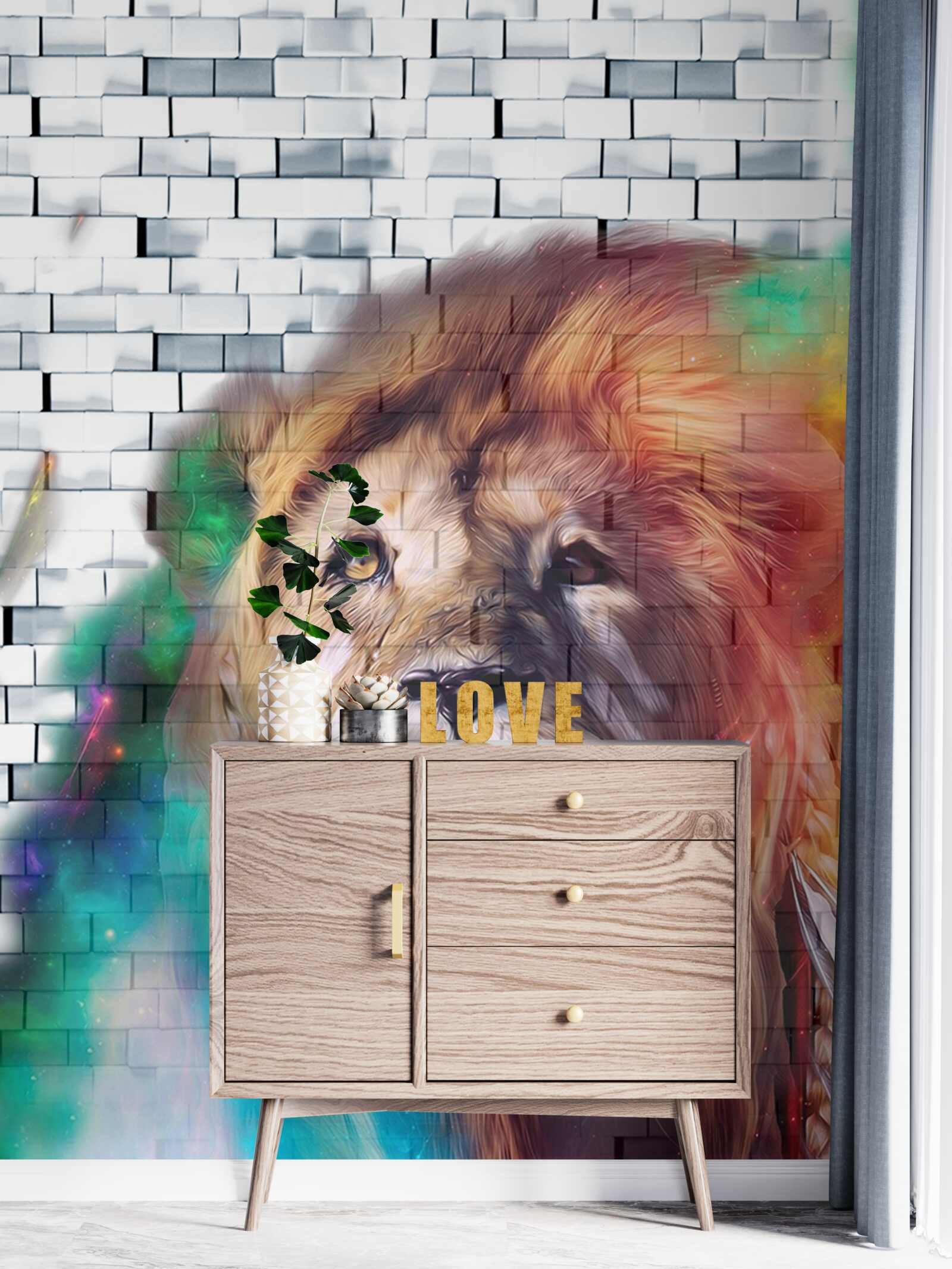 Fotobehang koning van de beesten afgebeeld als een abstractie op een witte achtergrond