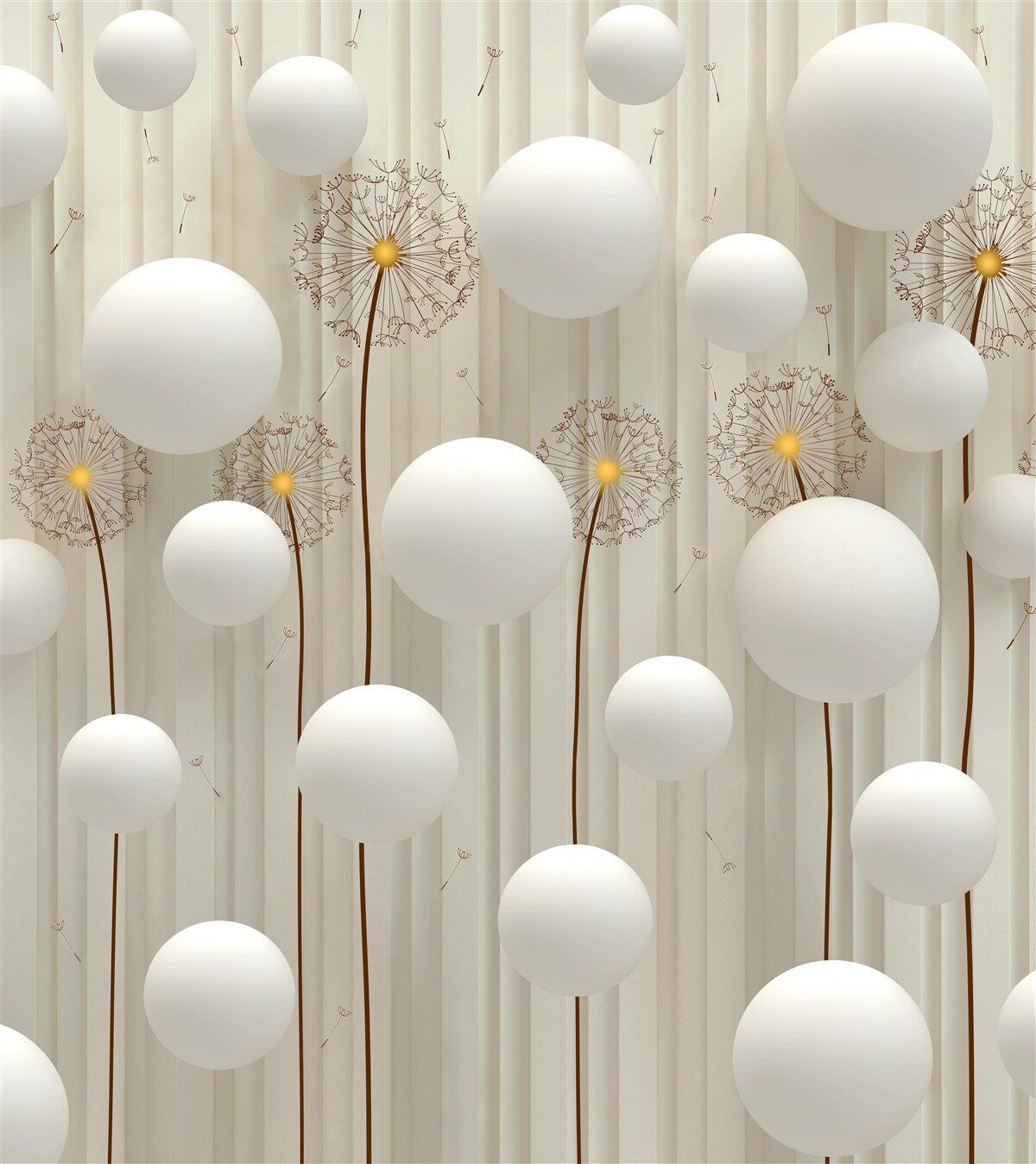 Fotobehang paardenbloem en witte ballen die de lucht in vliegen