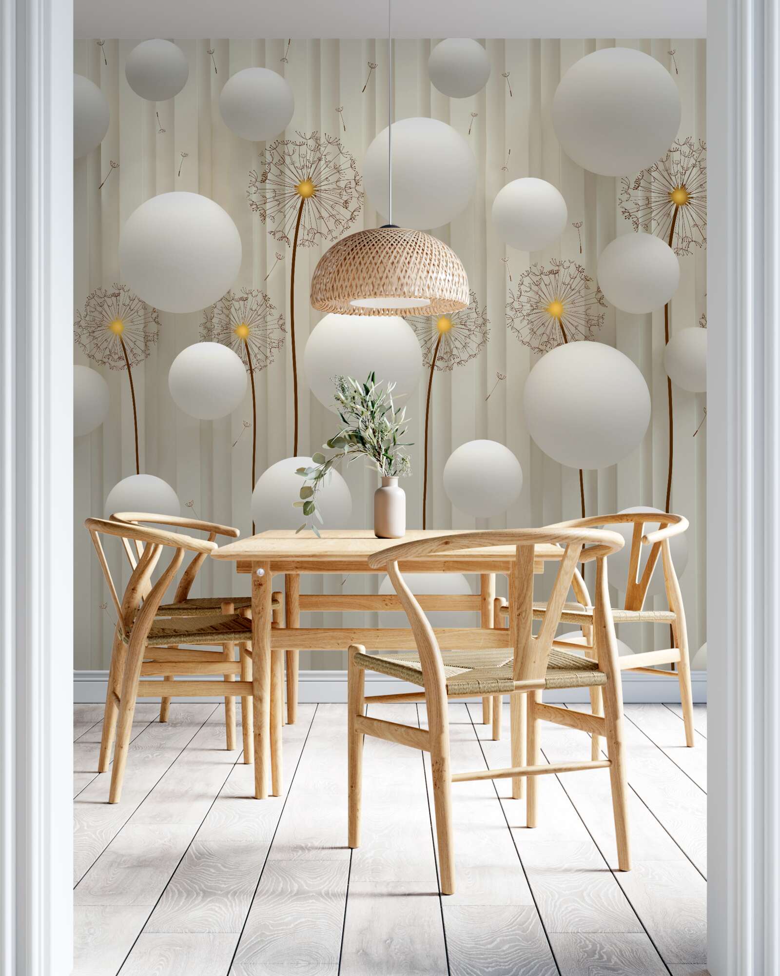 Fotobehang paardenbloem en witte ballen die de lucht in vliegen