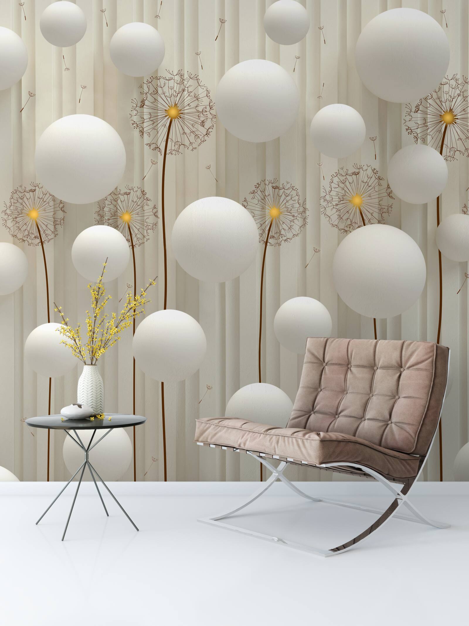 Fotobehang paardenbloem en witte ballen die de lucht in vliegen