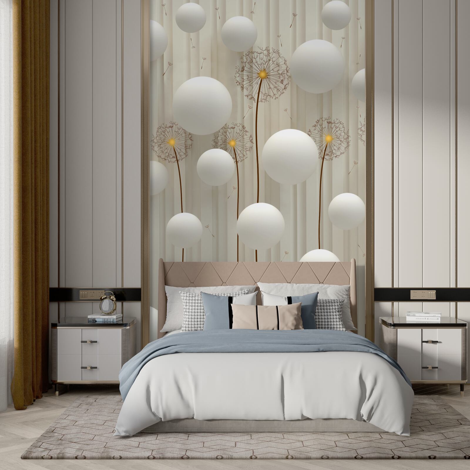 Fotobehang paardenbloem en witte ballen die de lucht in vliegen