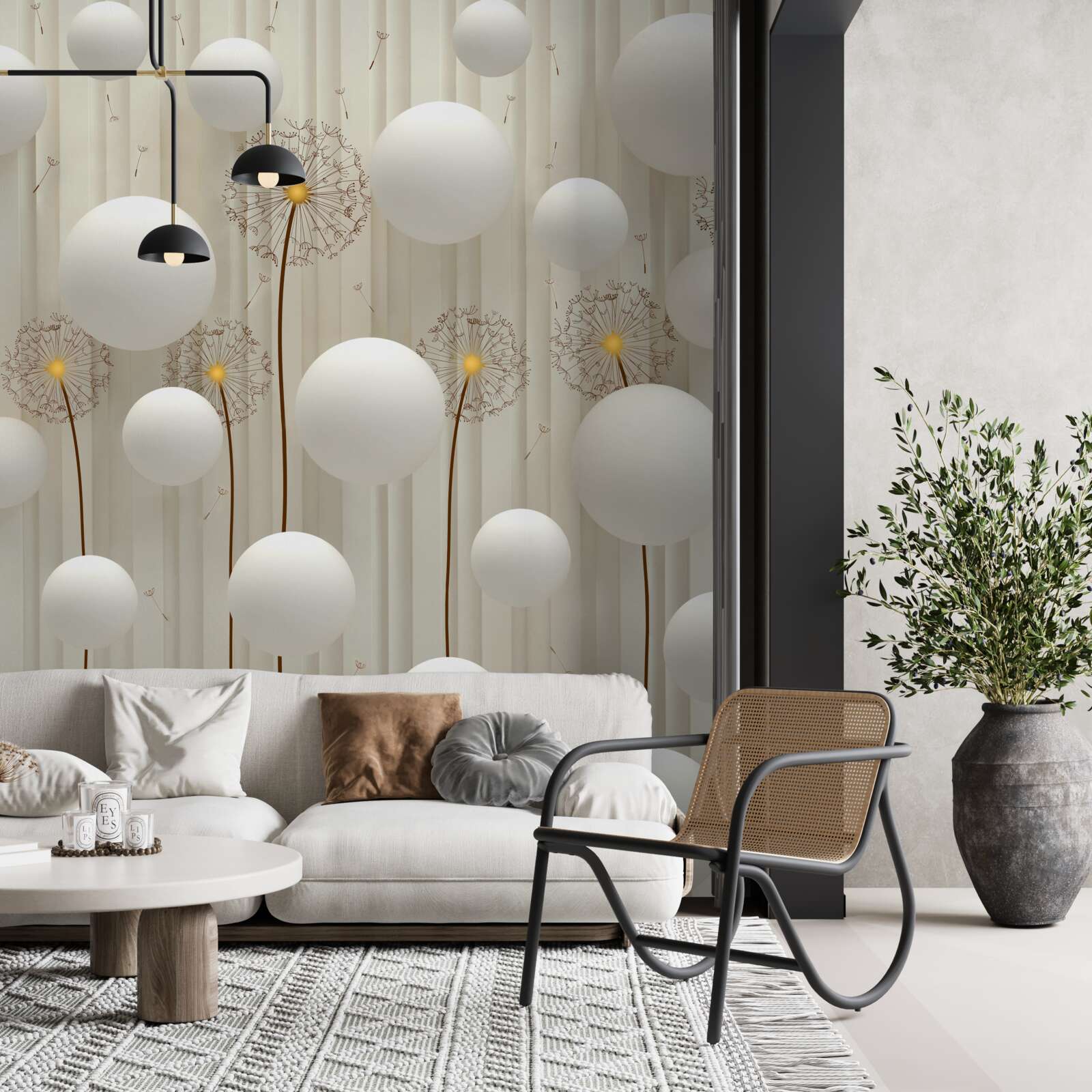 Fotobehang paardenbloem en witte ballen die de lucht in vliegen