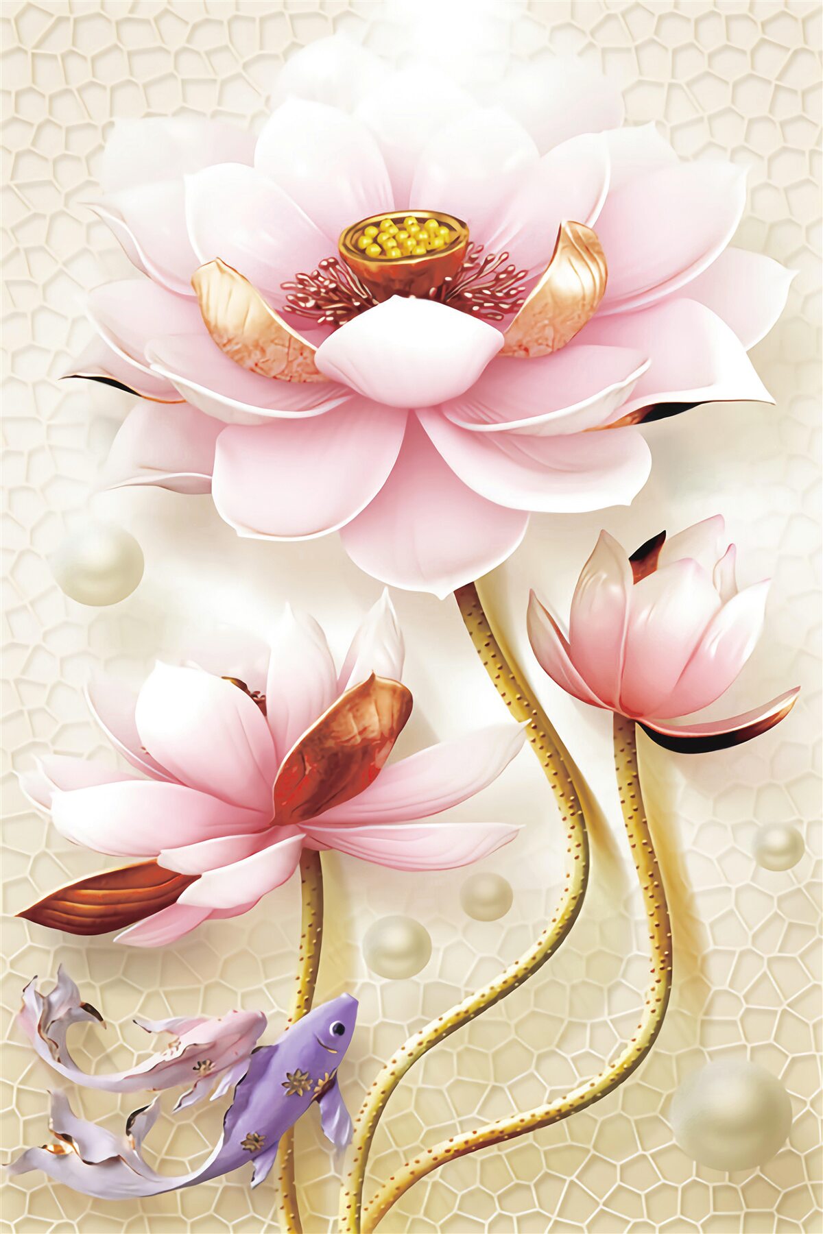 Fotobehang twee vissen bij lotussen