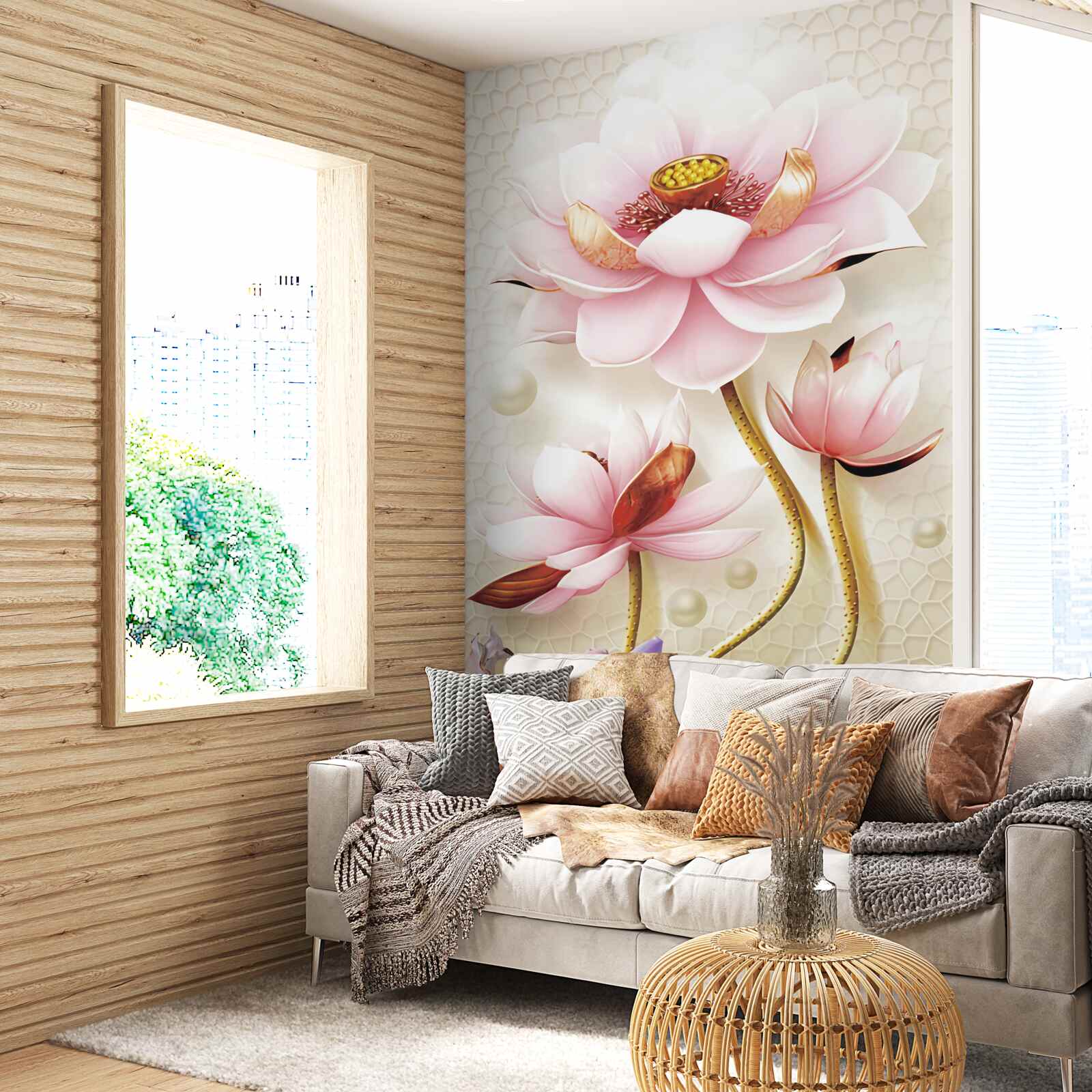 Fotobehang twee vissen bij lotussen