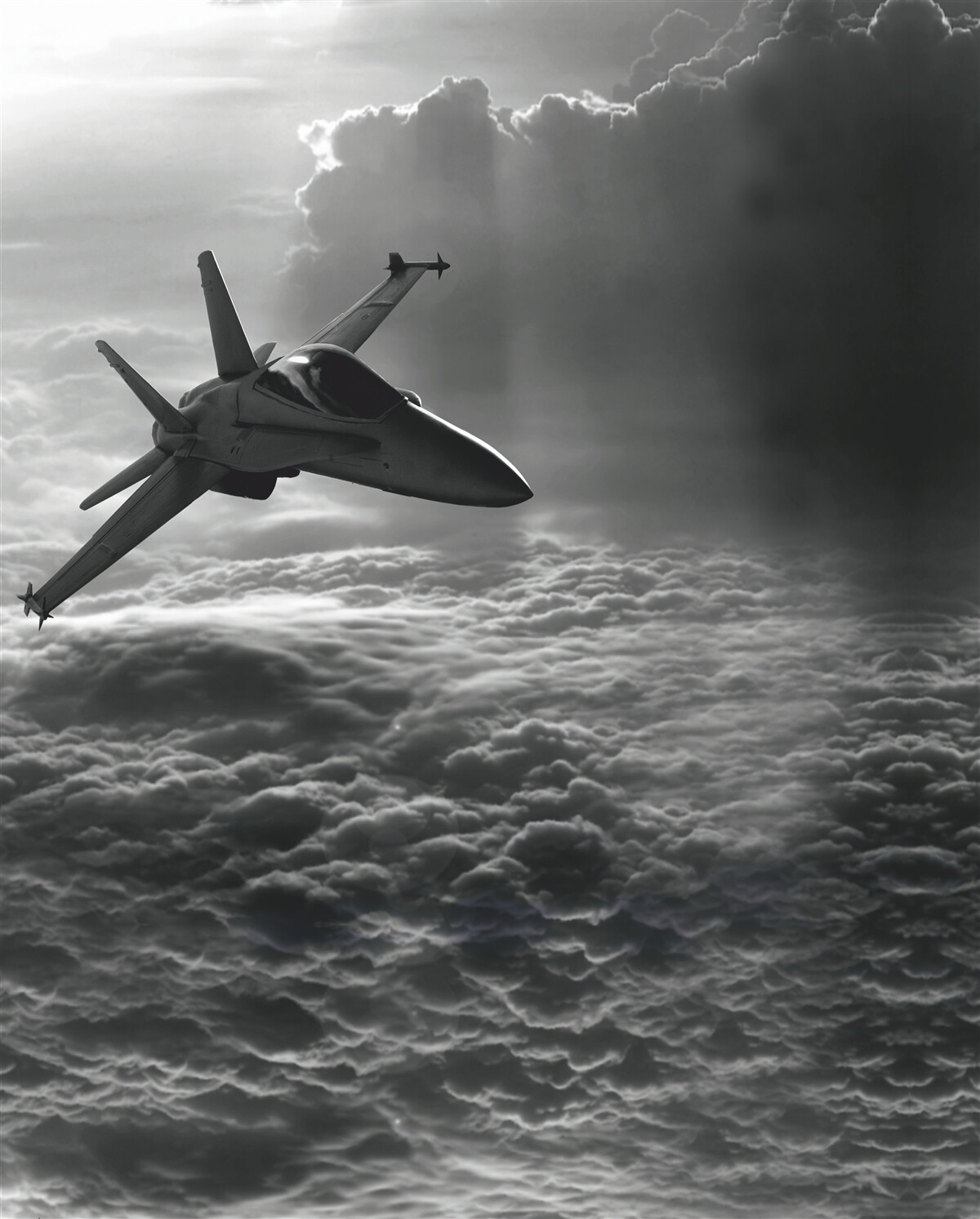 Fotobehang gevechtsvliegtuig tussen de wolken