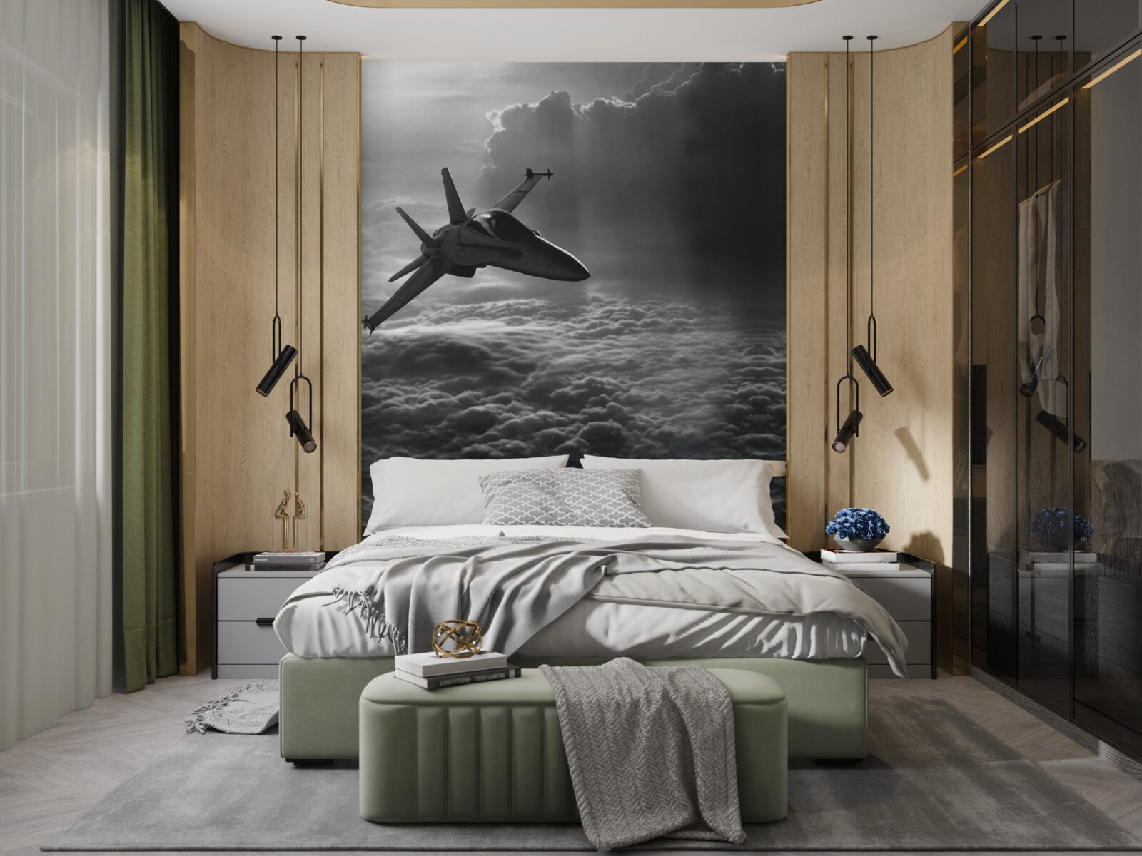 Fotobehang gevechtsvliegtuig tussen de wolken